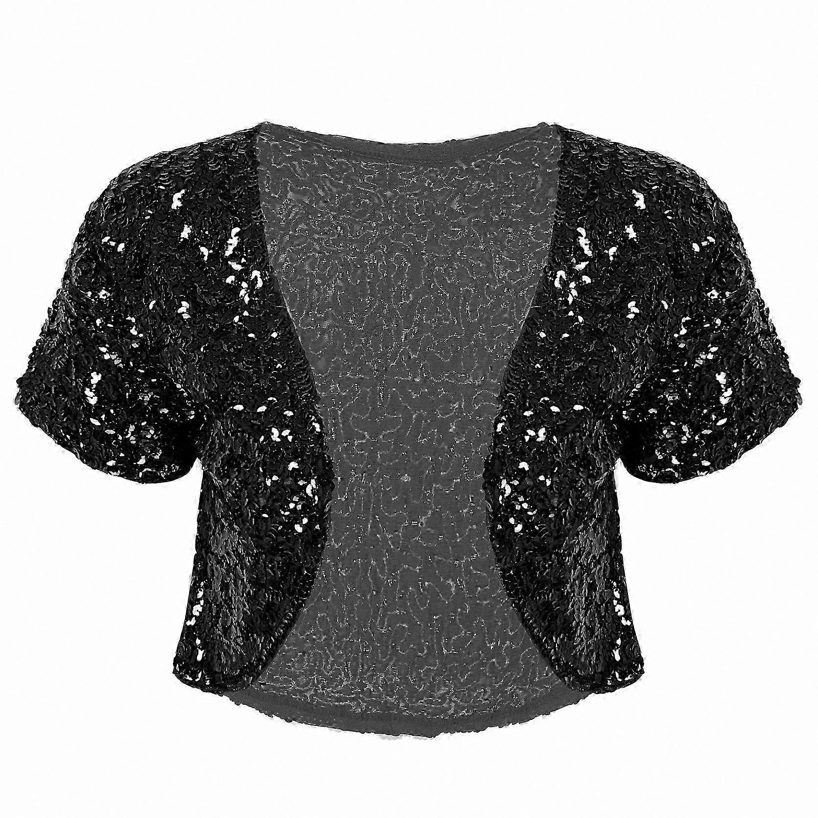 Sequin Trim Open Front Short Sleeve Crop Blazer for Women