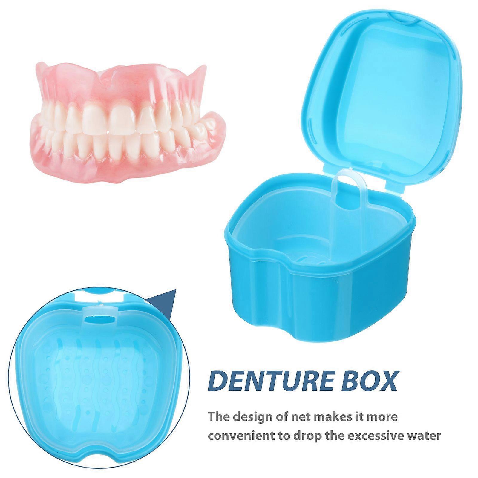 Denture Box Case Denture Bath Box Case Dental False Teeth Storage Box with Hanging Net Container (Light Blue)