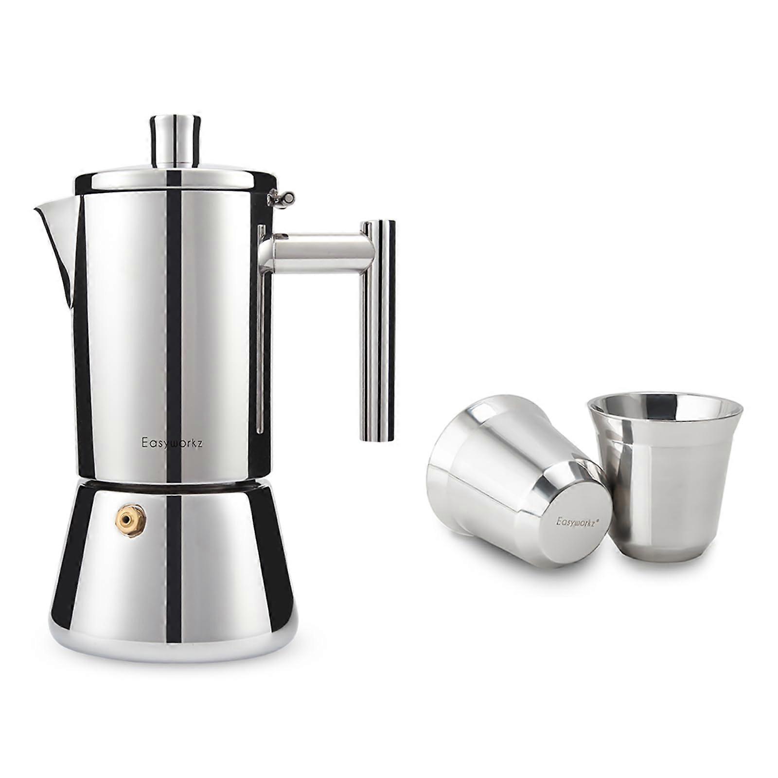 Stainless Steel Stovetop Espresso Maker with Double Wall Insulated Cups, Induction Compatible