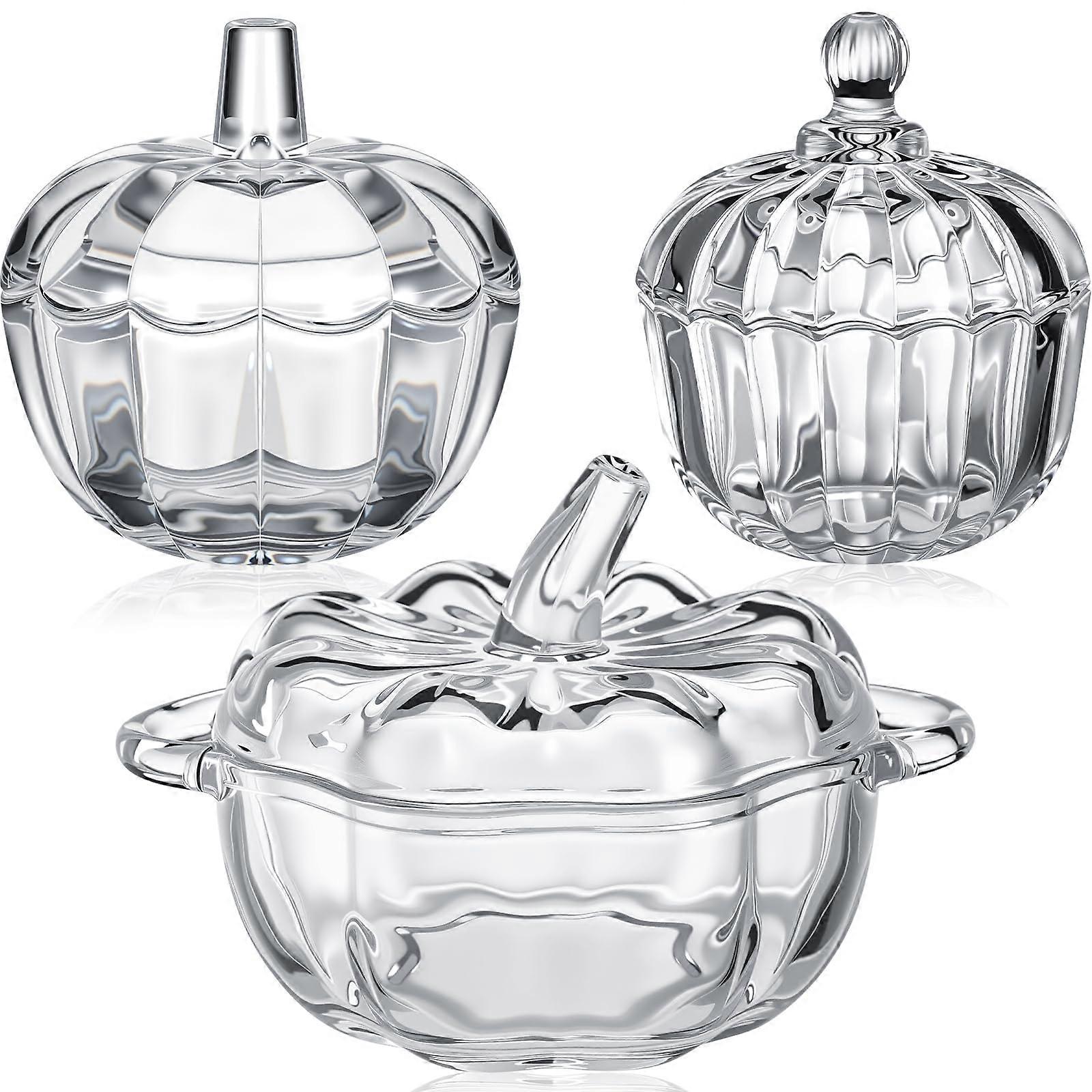 Set of 3 Pumpkin Glass Jars with Lids, Clear Candy Containers for Fall Decor and Thanksgiving