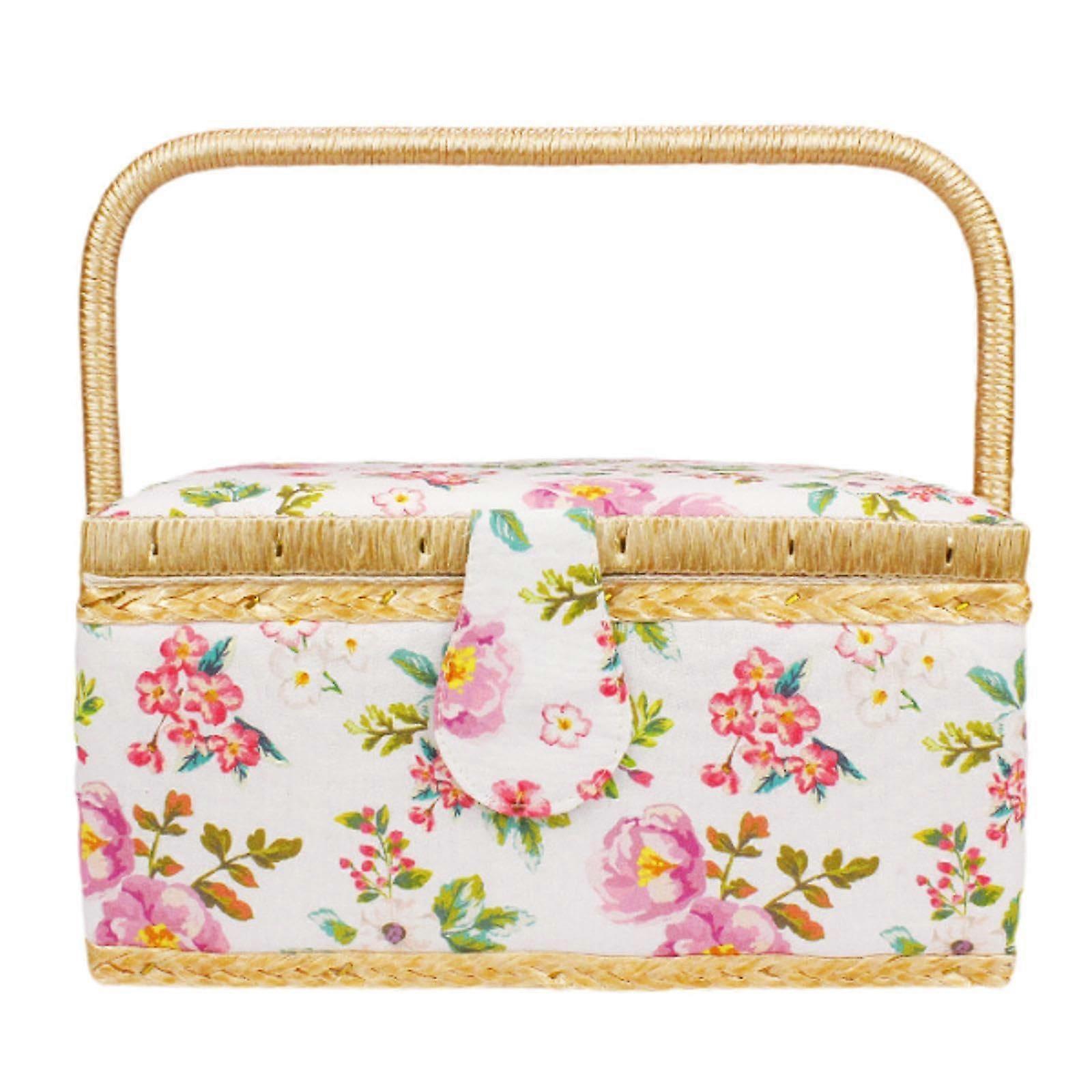 Sewing Storage Box with Spool Holders, Dustproof Floral Sewing Basket for Threads and Accessories