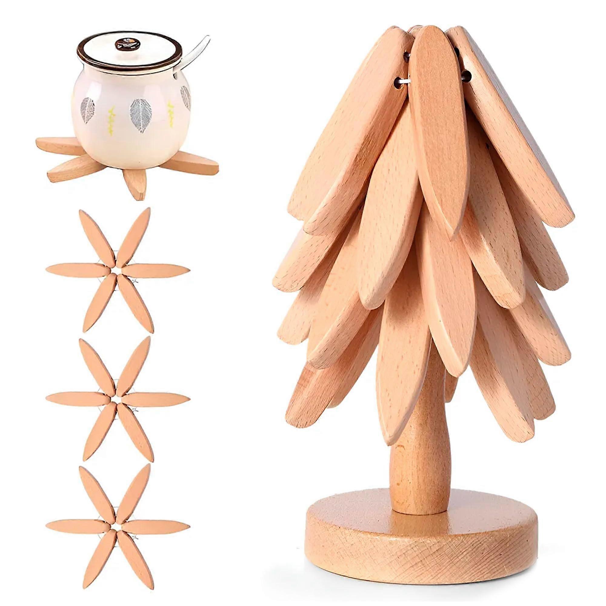 Wooden Trivet Set with Stand, Foldable Walnut Heat Resistant Tree Shape for Kitchen and Tabletop Use