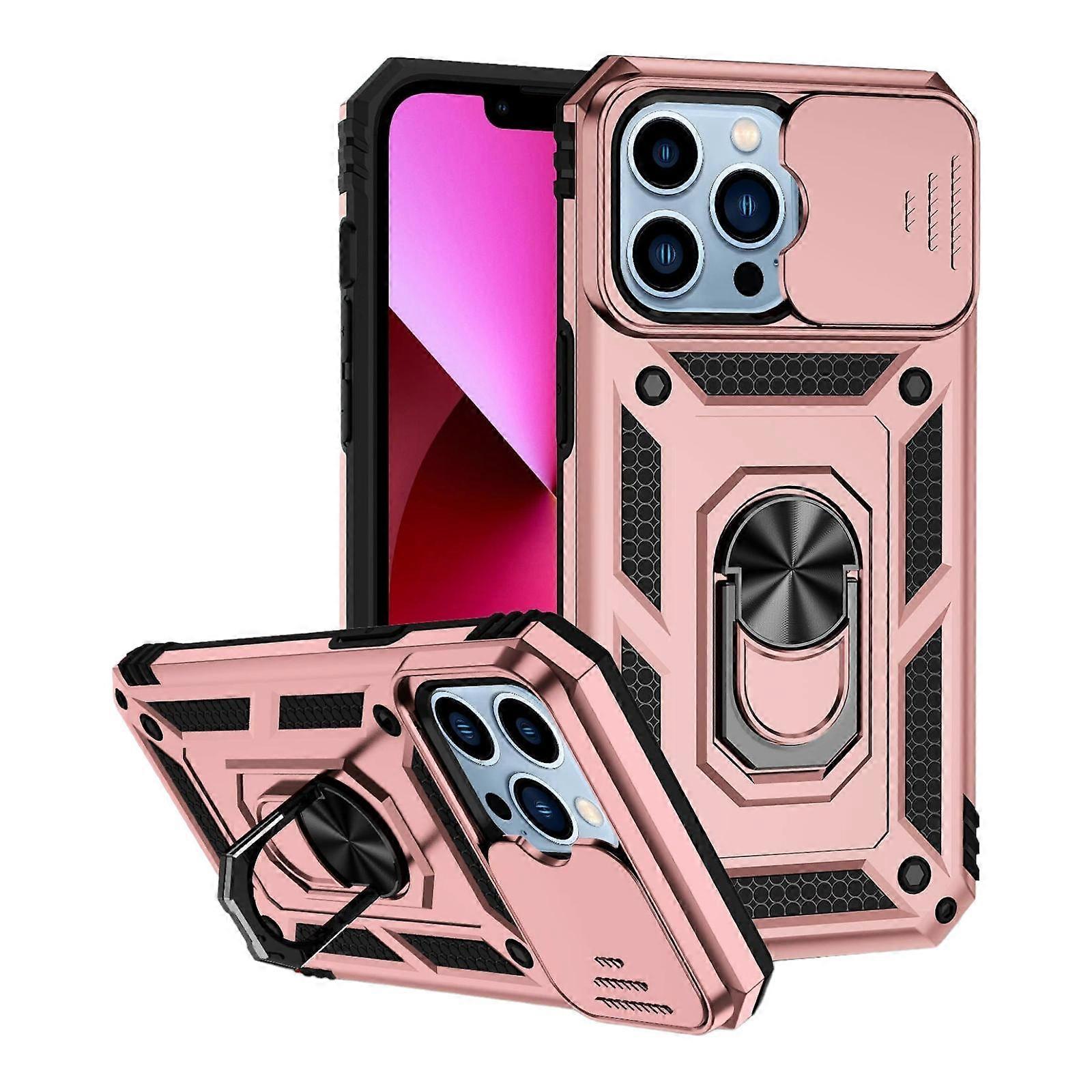Case For iPhone 14 15 Pink Armoured With Ring Holder Stand Camera Shutter