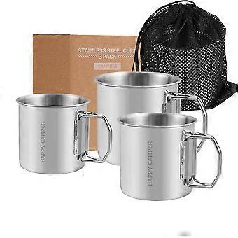 3Pcs Stackable Camping Mug Stainless Steel Portable Cups with Folding Handle Mesh Bag compatible with Touring Trips Outdoor Camping Hiking