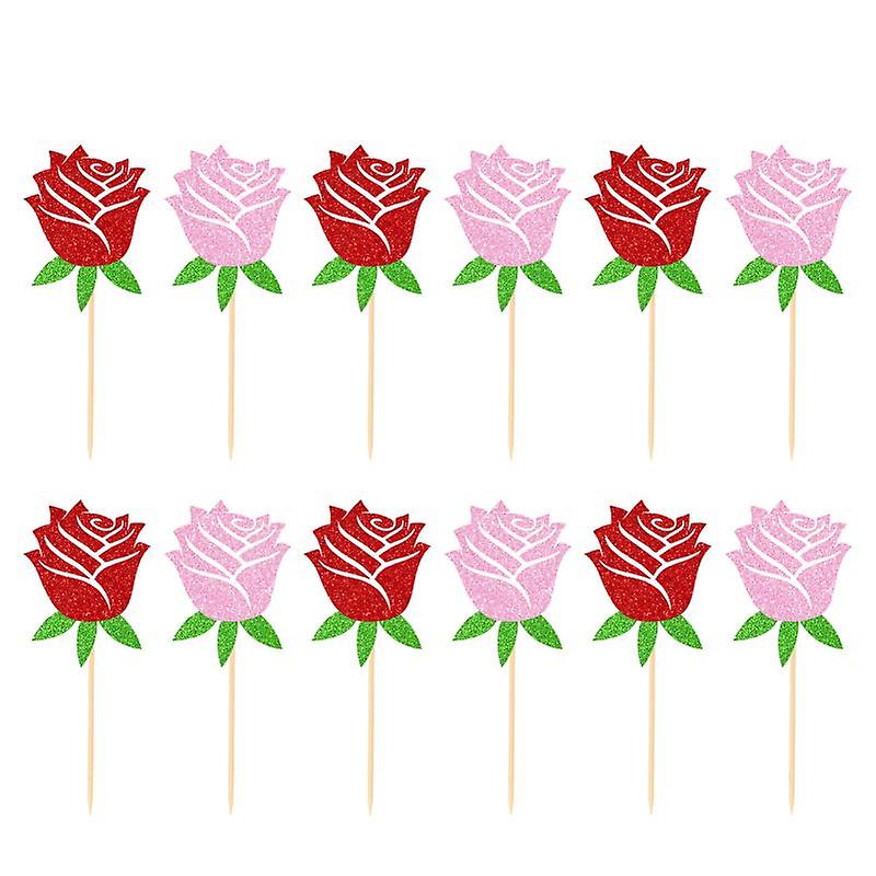 12Pcs/Set Beautiful Rose Shape Cake Topper Handmade Festive Touch Wood Pastry Topper for Home