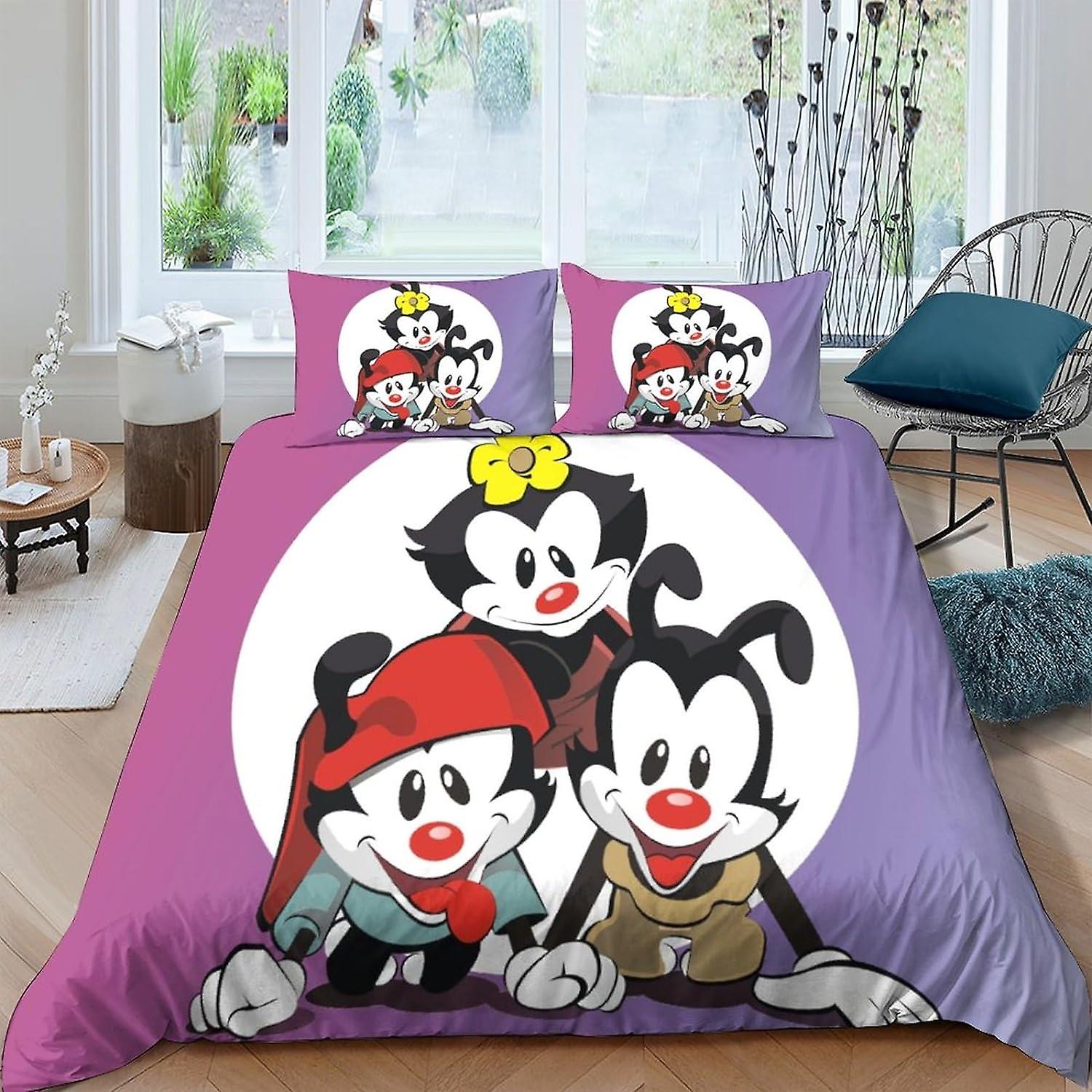 EDMKO Animaniacsمجموعة الفراش قطع ستوكات ناعمة مع أكياس وسائد غطاء لحاف مجموعة Animaniacs غطاء لحاف 3D الفراش مع إغلاق سحاب للأطفال تي شيرت