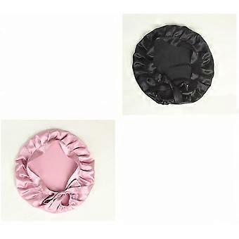 Silk Sleep Bonnet Women Mulberry Satin Silk Night Cap-Adjustable Sleeping Cap for Long and Curly Hair Black+Pink