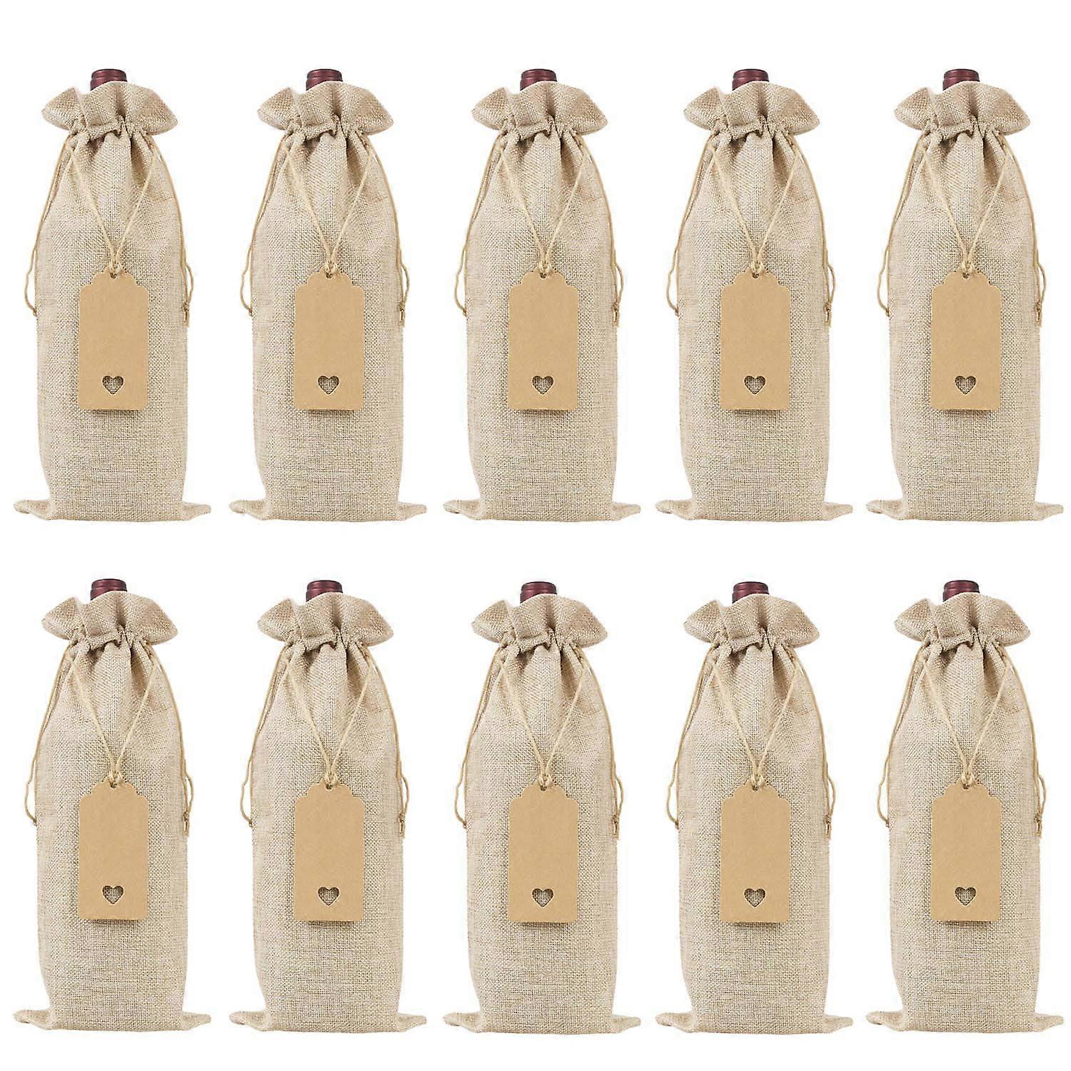 Burlap Wine Bags Bags with Drawstrings, Single Reusable Wine Covers with Ropes and Tags (10 Pcs)