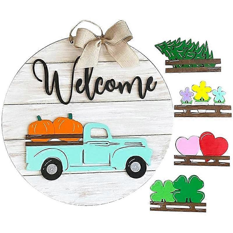 Retro Seasonal Welcome Sign,Interchangeable Front Door Welcome Sign Wreath,Truck-Shaped Farmhouse F