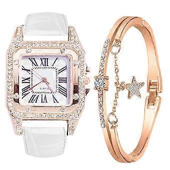 Damen Blume Uhr Set, Armband & Leder, Set aus Damenuhr und Armband mit Blumen