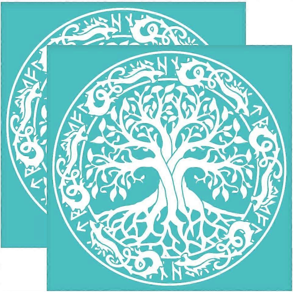 2Pcs 8.6x8.6 Inch Tree of Life Self-Adhesive Silk Screen Printing Stencil Viking Dragon Life Tree Silk Screen Stencil Reusable Square Mesh Stencils Tr