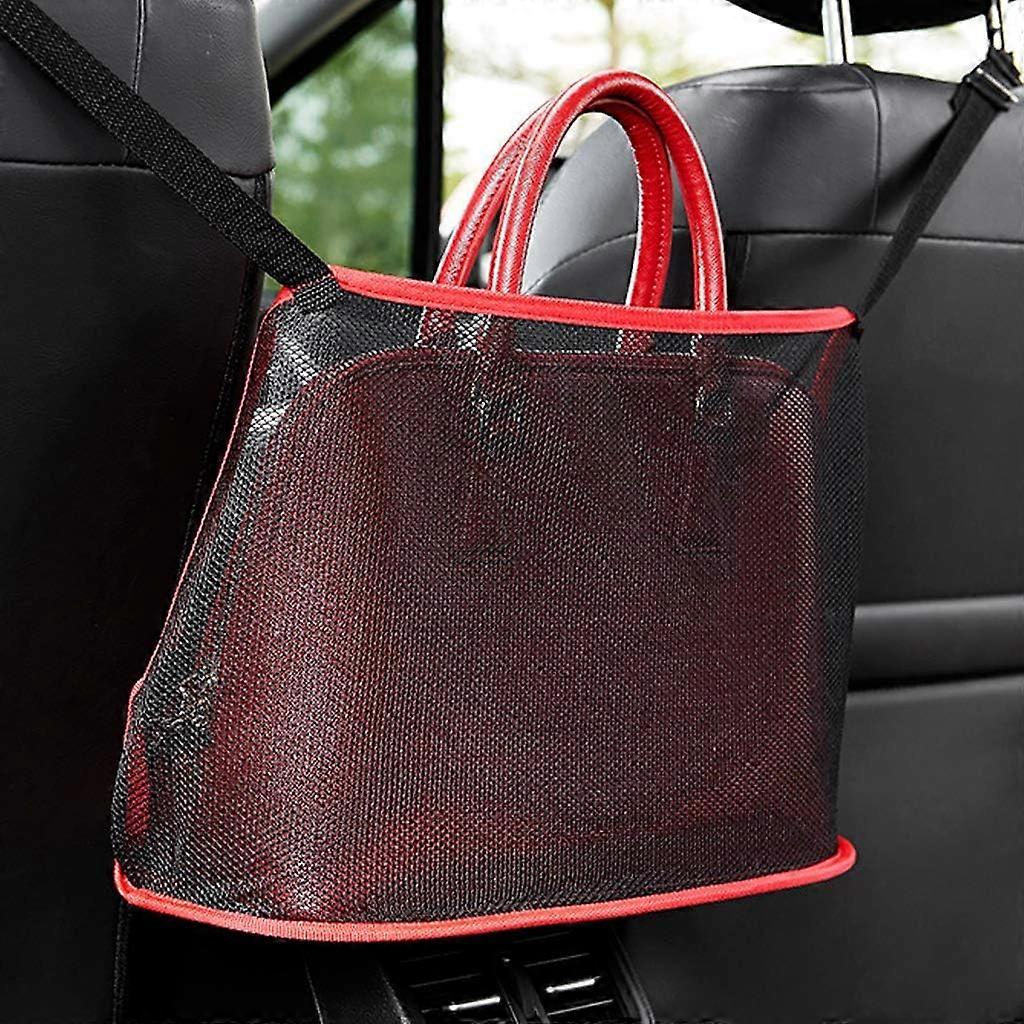 Car universal elasticated mesh trunk pocket tote for storing wallets, mobile phones, documents and a barrier for pets in the back seat.