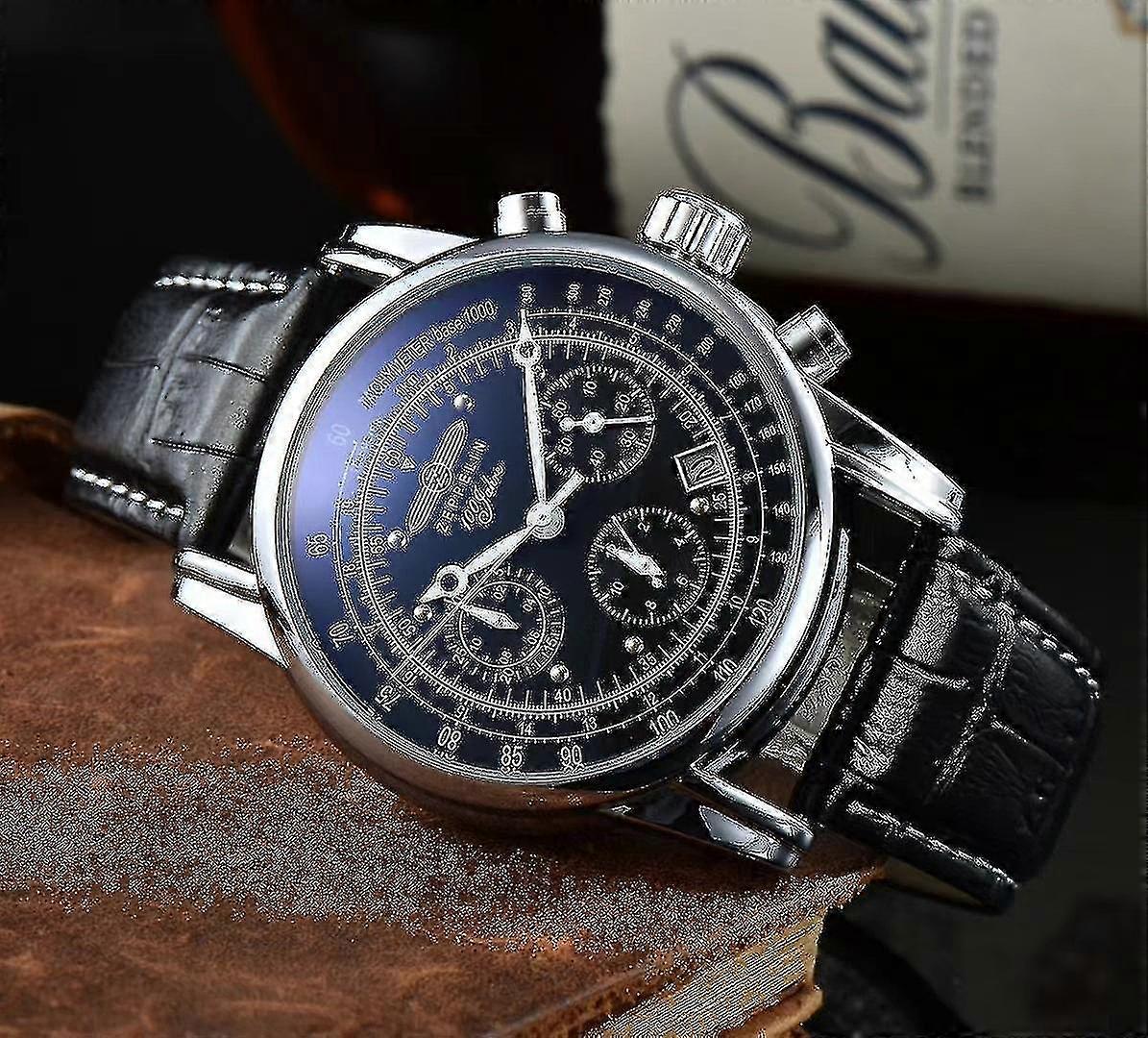 חדש צפלין שעון עליון עור עמיד למים עסקים מזדמנים שעון קוורץ בגדי ריקוד גברים שלוש עיניים כרונוגרף רב תכליתי שעון-yujia