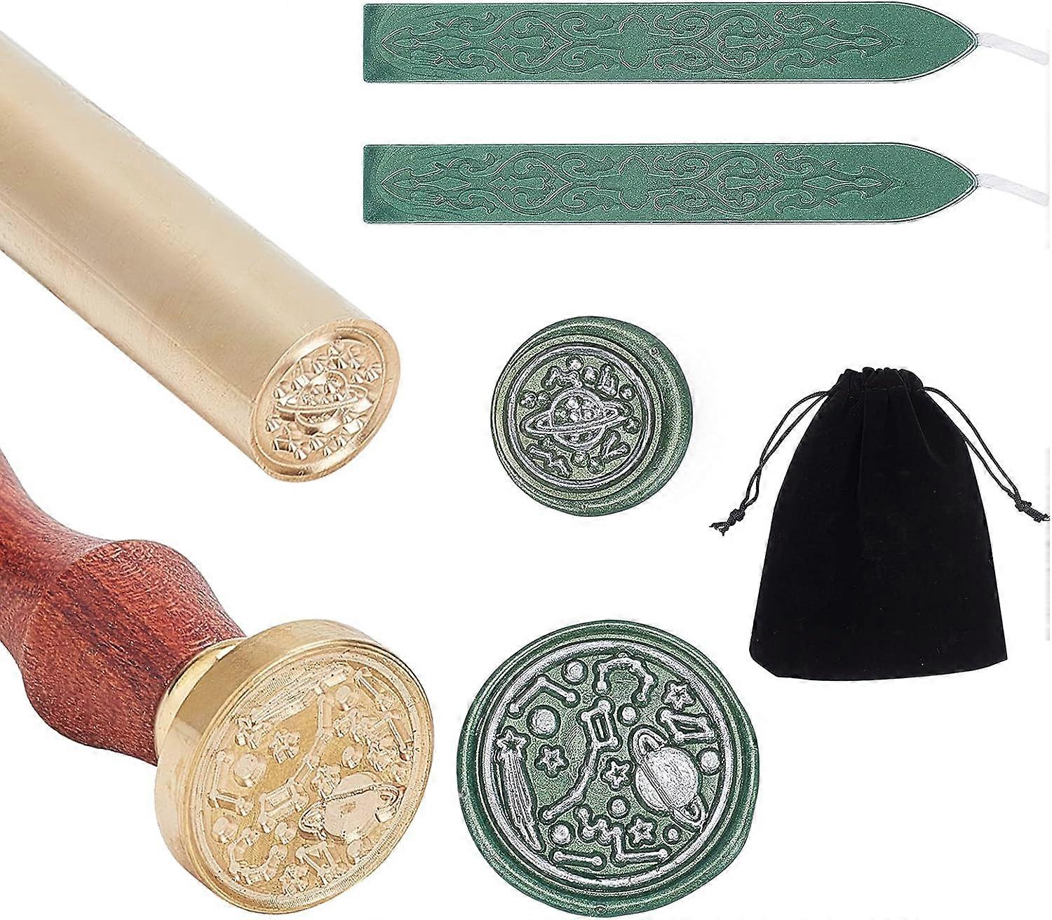 Sealing Wax Stamp Kit Universe Wax Seal Stamps 25mm and 15mm in Diameter with 2PCS Green Sealing Wax Sticks Packed in Velvet Pouches for Envelope Invi