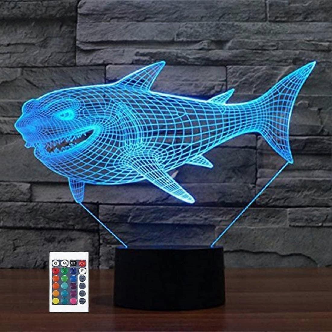 Xcy 3D Creative Shark Remote Control 16 Color Night Lights Illusion Acrylic LED Table Bedside Lamp C