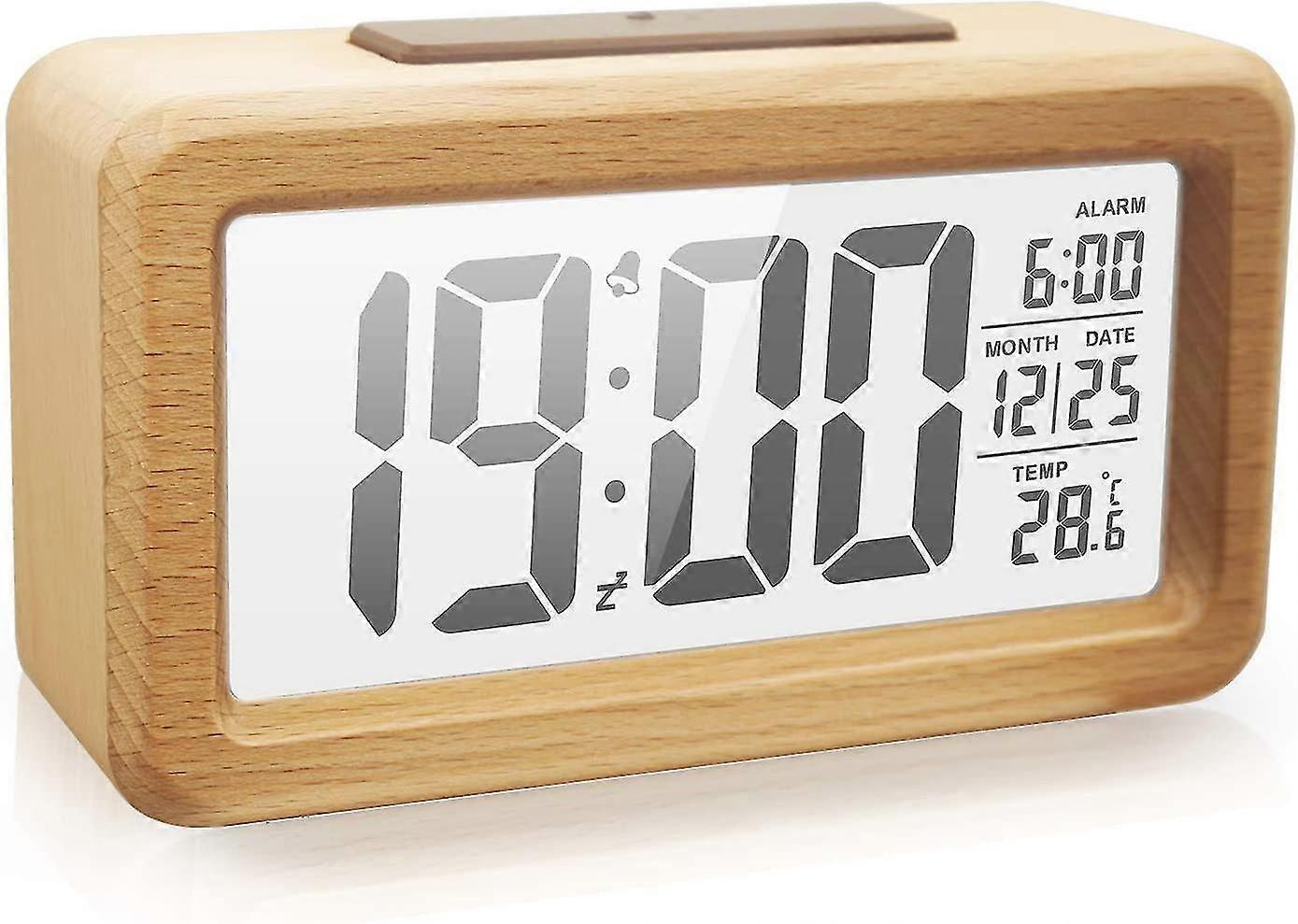 Digital Wooden Alarm Clock Large Led Display Smart Sensor Night Light Snooze Temperature