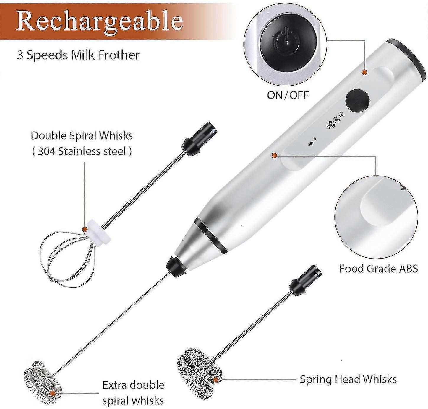 Electric Milk Frother Handheld Foam Maker Usb Egg Beater Rechargeable Drink Mixer With 3 Speeds Suit