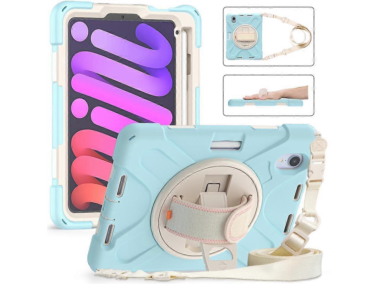 iPad Mini 6 2021 Case (6th Generation) with Pencil Holder / 360 Rotation Stand / Hand Strap and Shoulder Strap Rugged Shockproof Cover for iPad Mini 6