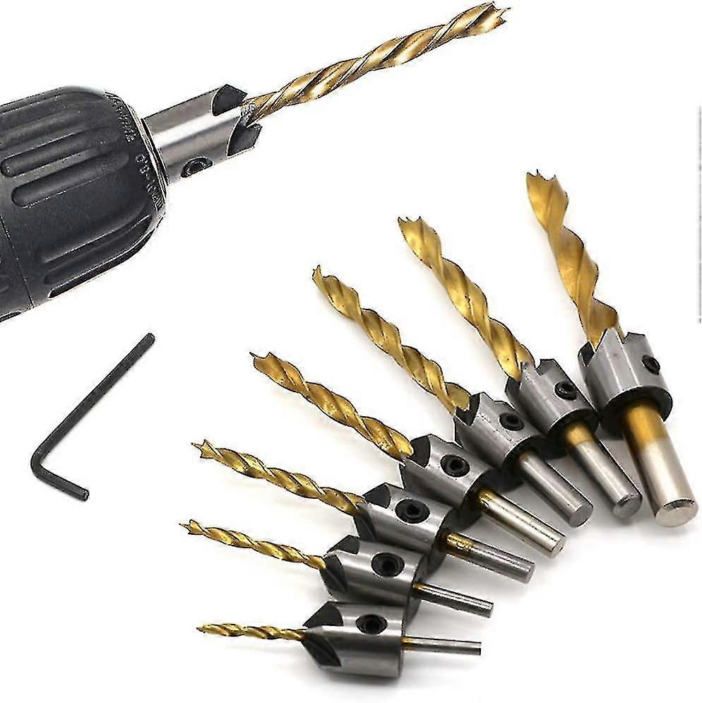 7pcs Woodworking Drill Bit With Countersink, Helical Countersink Woodworking Countersink Woodworking Drill Bit Titanium Plating,with L-wrench Flute Ta