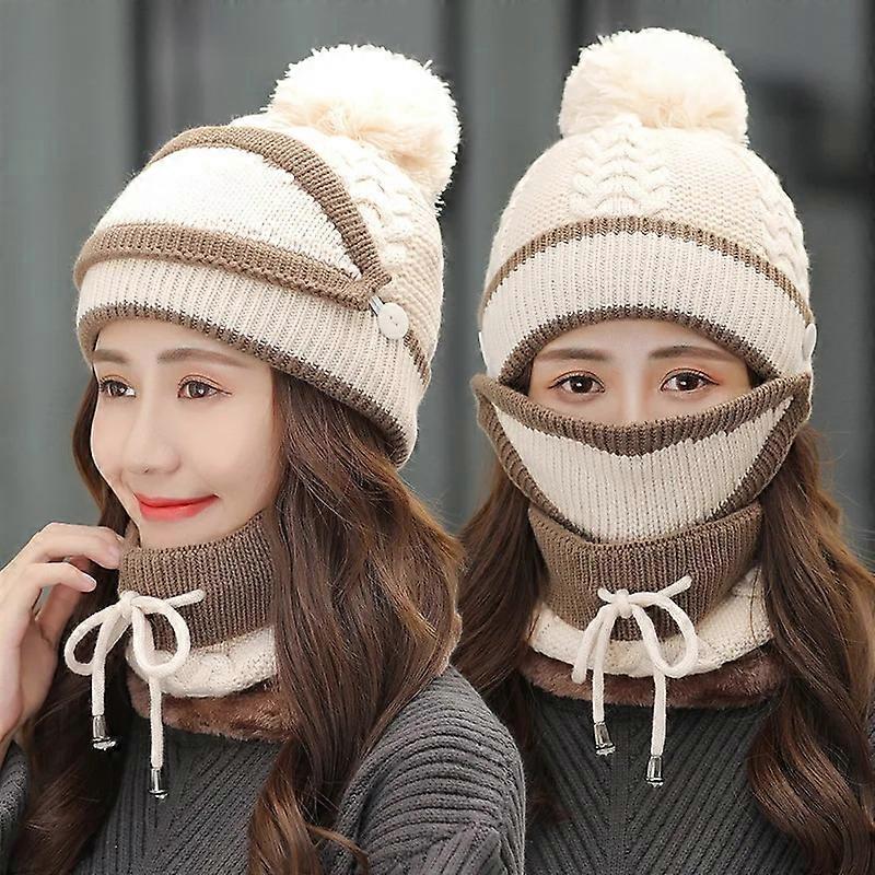 Set cald de iarnă 3-în-1 (mască, pălărie, eșarfă) Set de iarnă Unisex Cald Beanie Skullies Iarnă Tricotat Mască de față Glugă Snood Rezistent la vânt