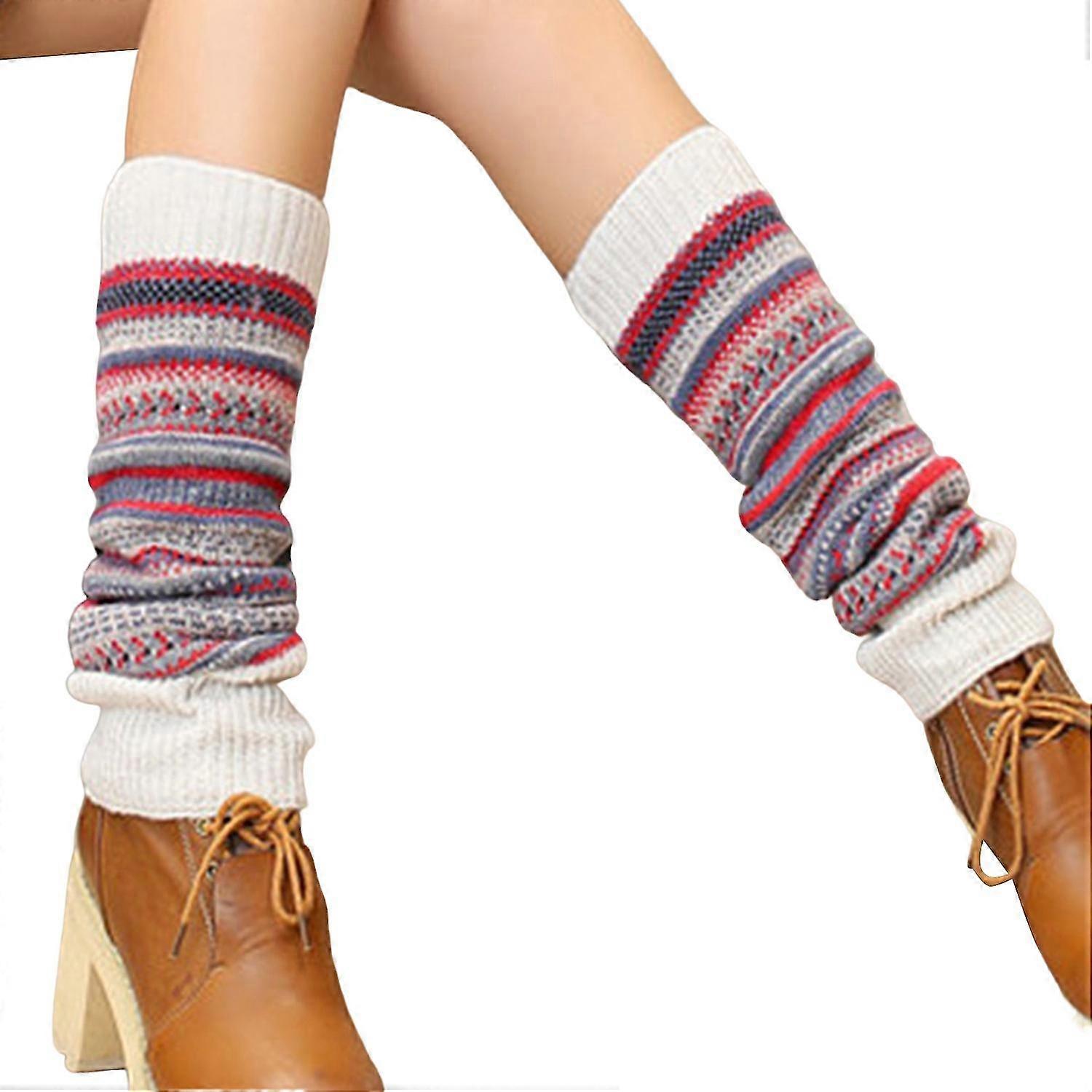 1 Paire Style Ethnique Rayé Imprimé Poignets Côtelés Genou Haut Tricoté Jambières Automne Hiver Femmes