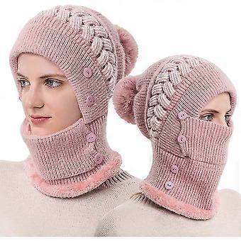 Women Winter Warm Knitted Cap Hat Neck Warmer Sets, Double Layer Fleece Lined Beanie Hat, Pink