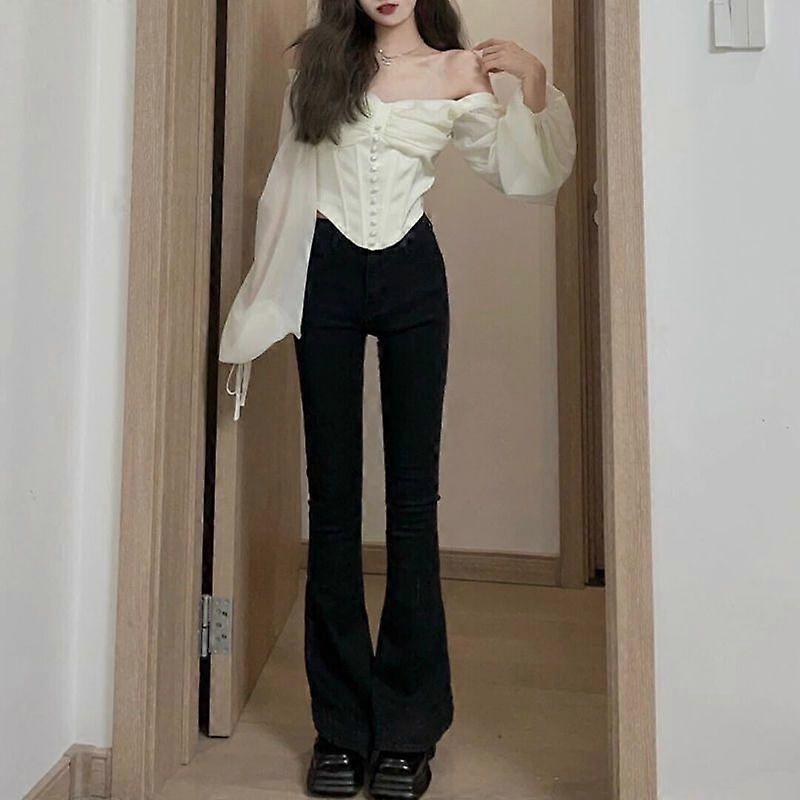 WTEMPO Brand Micro-labelled Jeans Women's High Waist Skinny Straight Extended Flared Trousers with Stretchy Leg Trimming Jeans