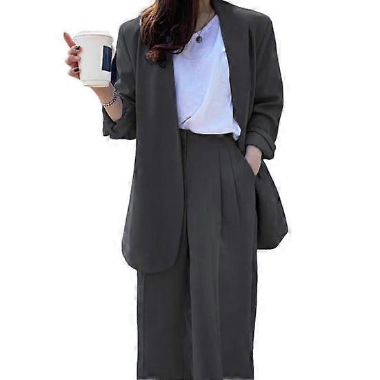 2 Pcs/Set Lady Formal Coat Pants Set Long Sleeves Open Stitch Cardigan Mid Length Jacket Loose Straight Wide Leg High Waist Trousers Formal Outfit