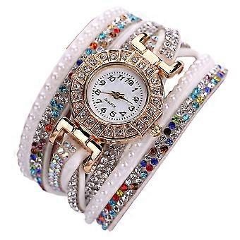 Bunte Strass PU Leder Band Quarzuhr Faux Pearl Shinning Damenuhr (weiß)