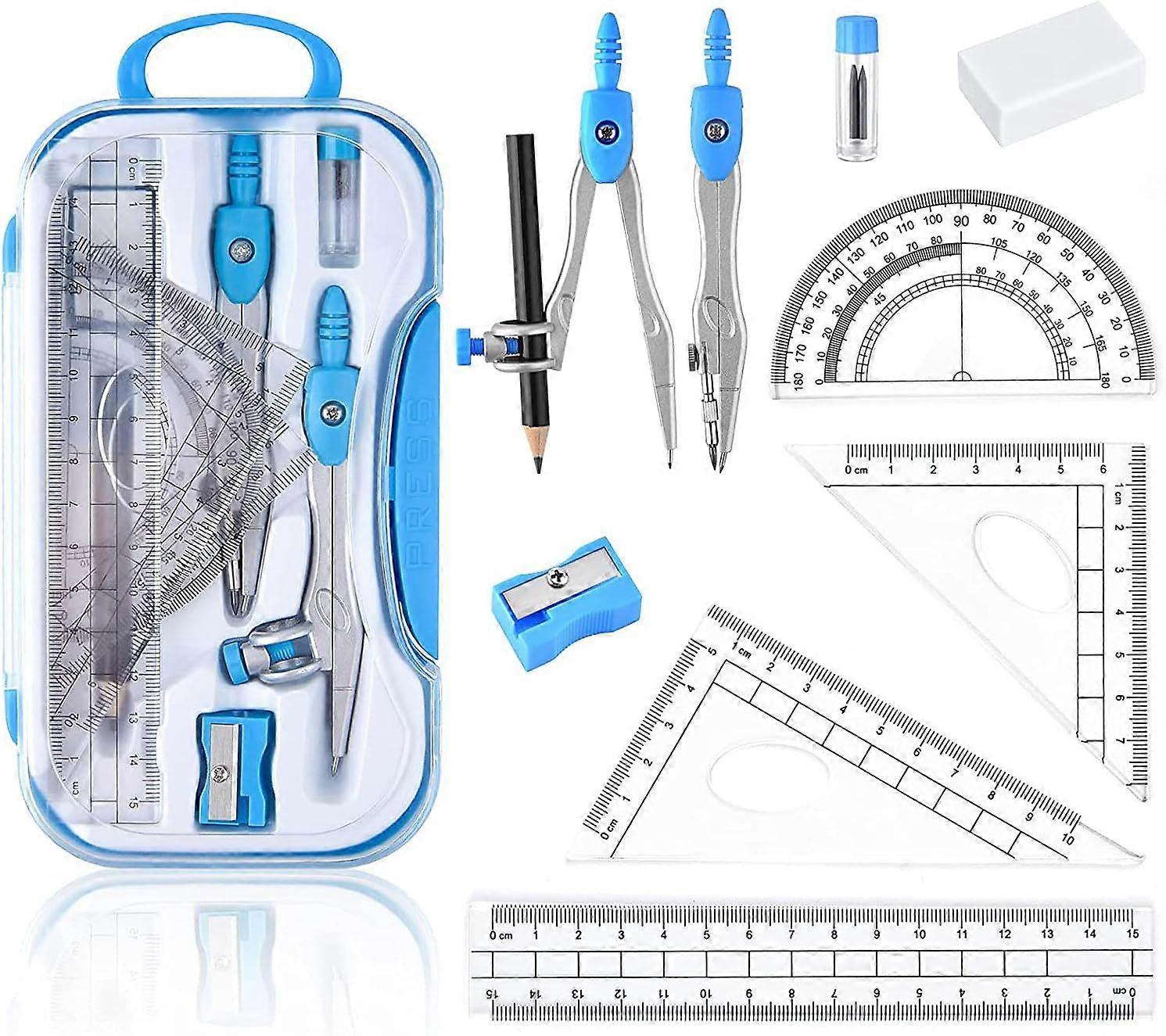 Geometry Kit, Geometry Set, 10pcs Geometry Kit, Protractor Ruler, with Shockproof Storage Box, Includes Compasses, Rulers, Protractor etc, for Student