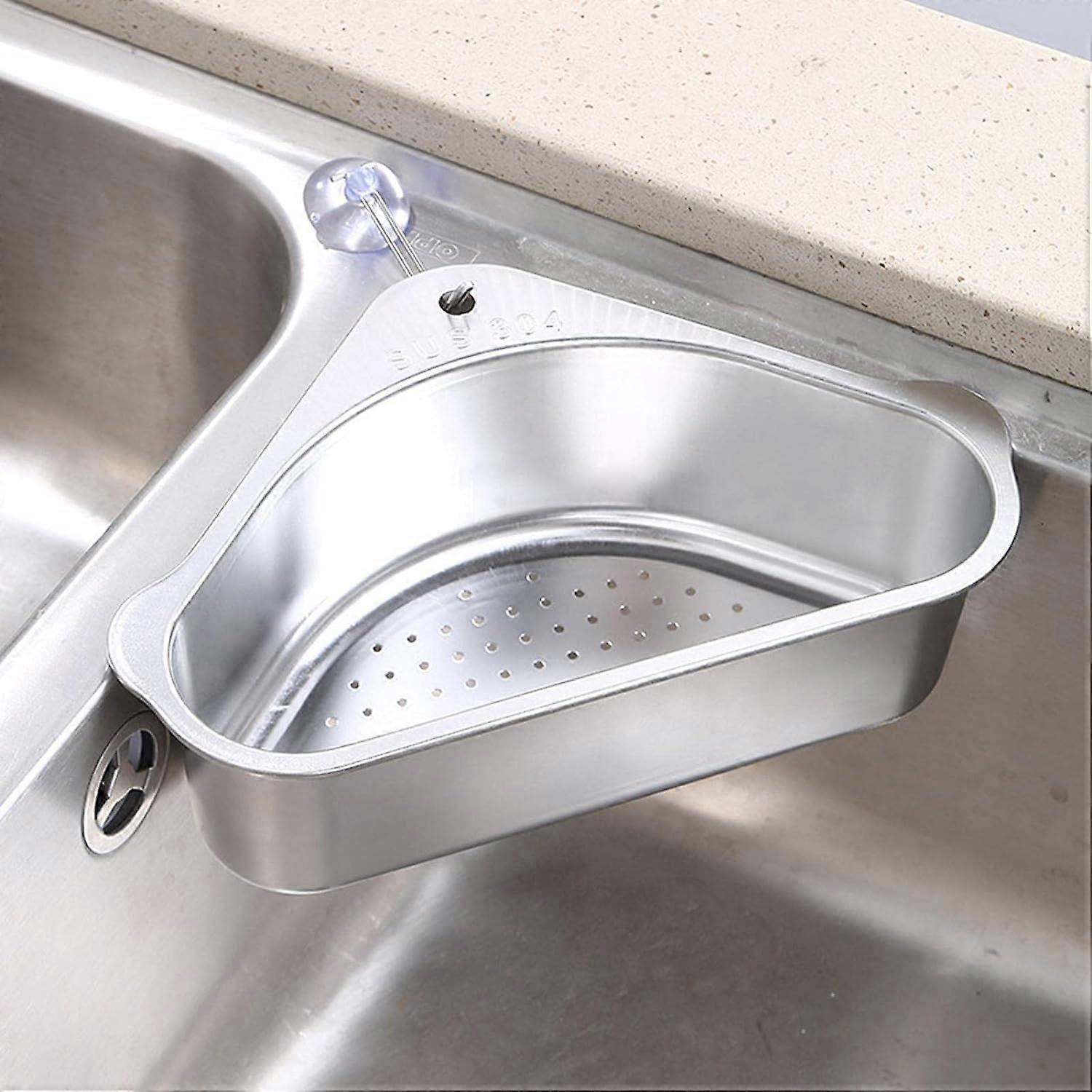 Sink Strainer Basket, Stainless Steel Triangular Drain Shelf Sink Storage Rack with Suction Cup