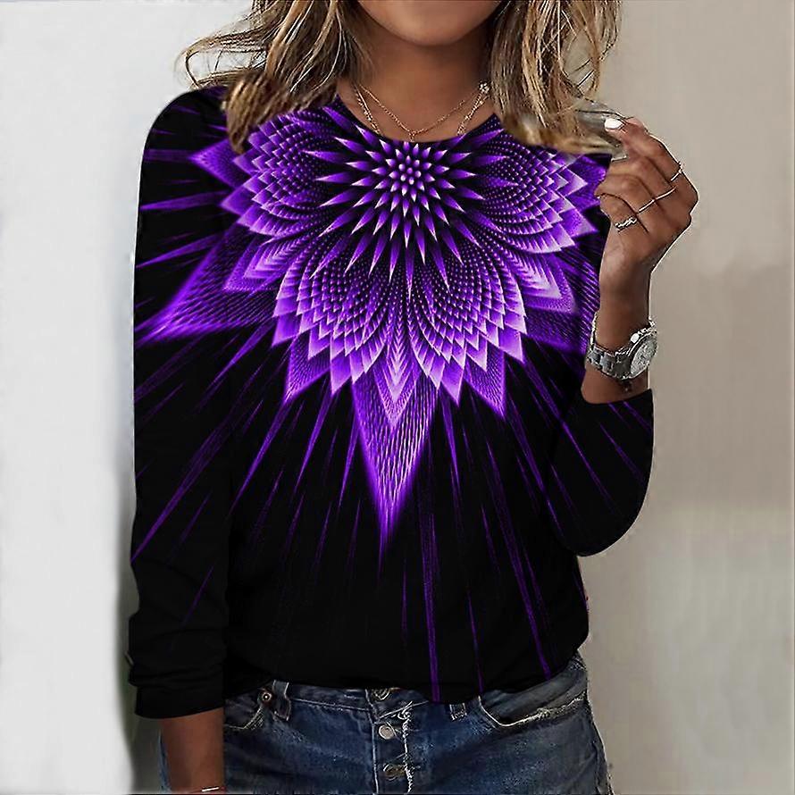 Topy dla kobiet Diamentowy kwiat wisiorek z nadrukiem Okrągły dekolt z długim rękawem Fall Casual Slim Pullover Damski top z długim rękawem