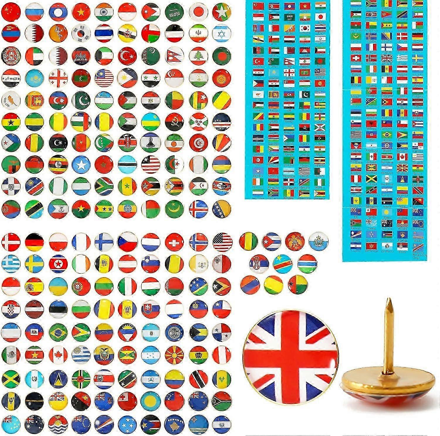 200 Pcs National Flag Pins World Push Pins Thumb Tacks Country Flag Push Pins with National Flag Guide, Map Tacks Flag Map Push Pins for World Map Pin