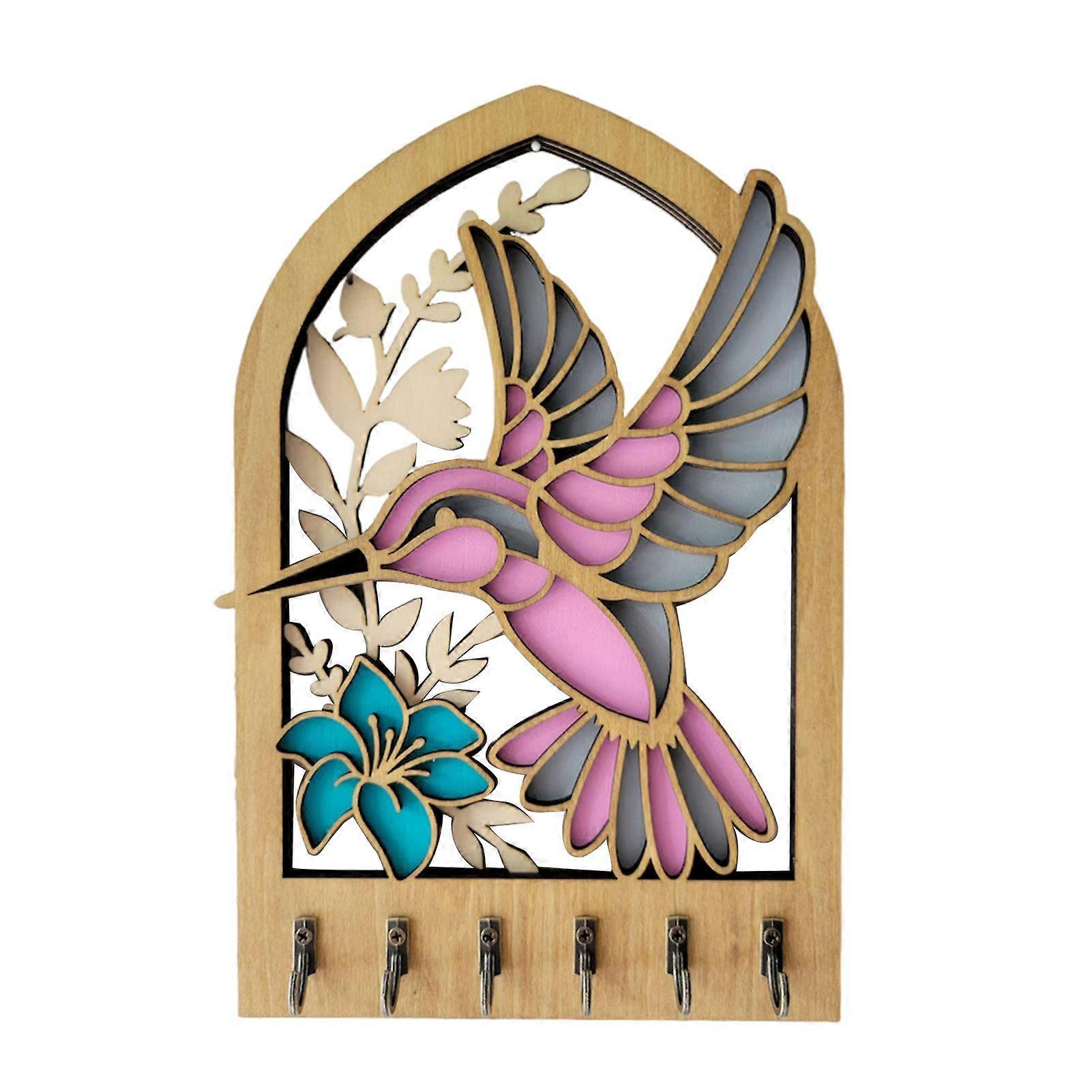 Hummingbird Key Holder with 6 Metal Hooks Smooth Edge Burr Free Wooden Bird Key Hook Entryway Organizer