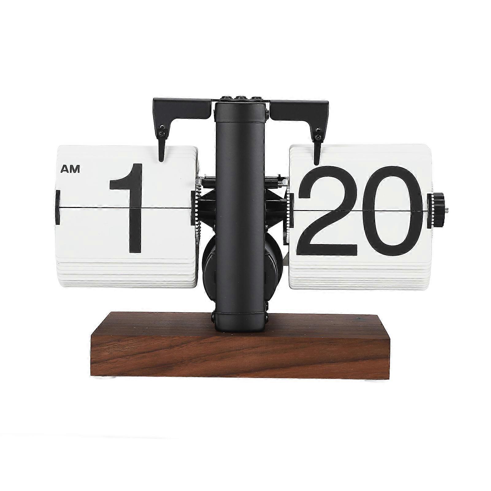Digital Flip Clock 12h Single Sided Large Numbers Automatic Retro Mechanical Flip Clock Wood Base for Living Room Black Frame White Page