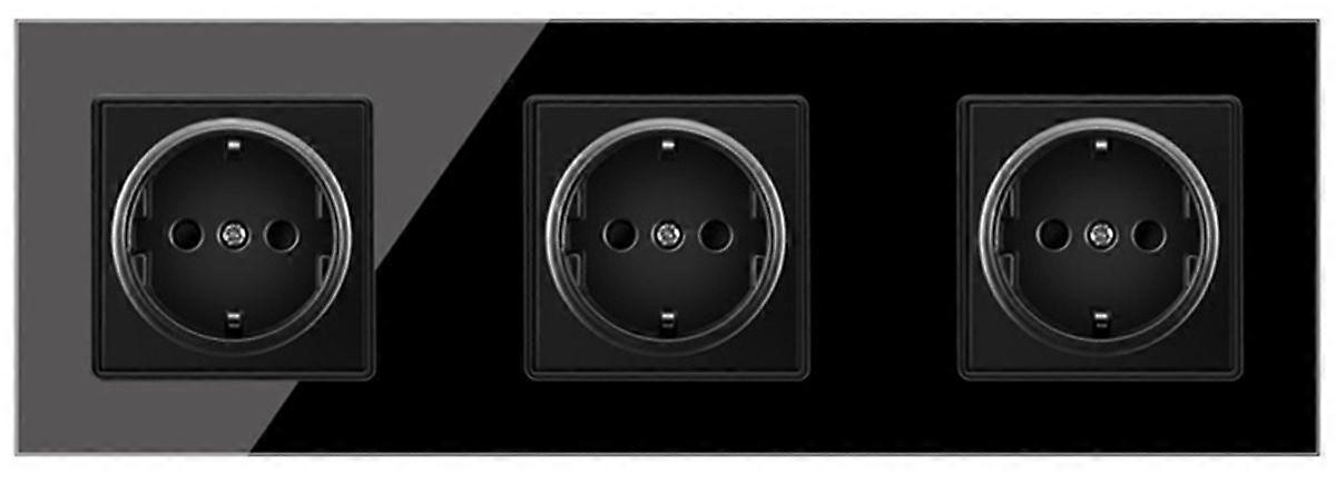 Eu Plug Wall triple socket 16A 250V Power 3 Gang Outlets Black Glass Panel Germany Electrical Sockets