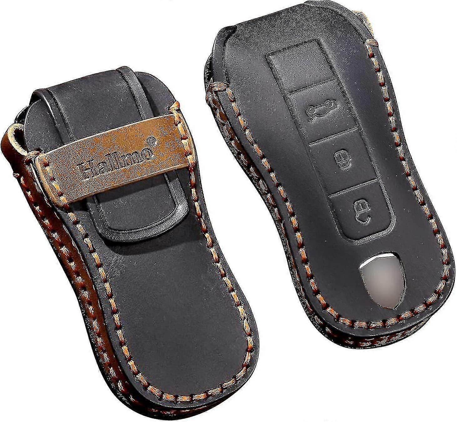 Leather Car Key Case For Porsche Cayenne Panamera 911 Carrera Taycan 2019-2020 - 3 Buttons - Black (ls)
