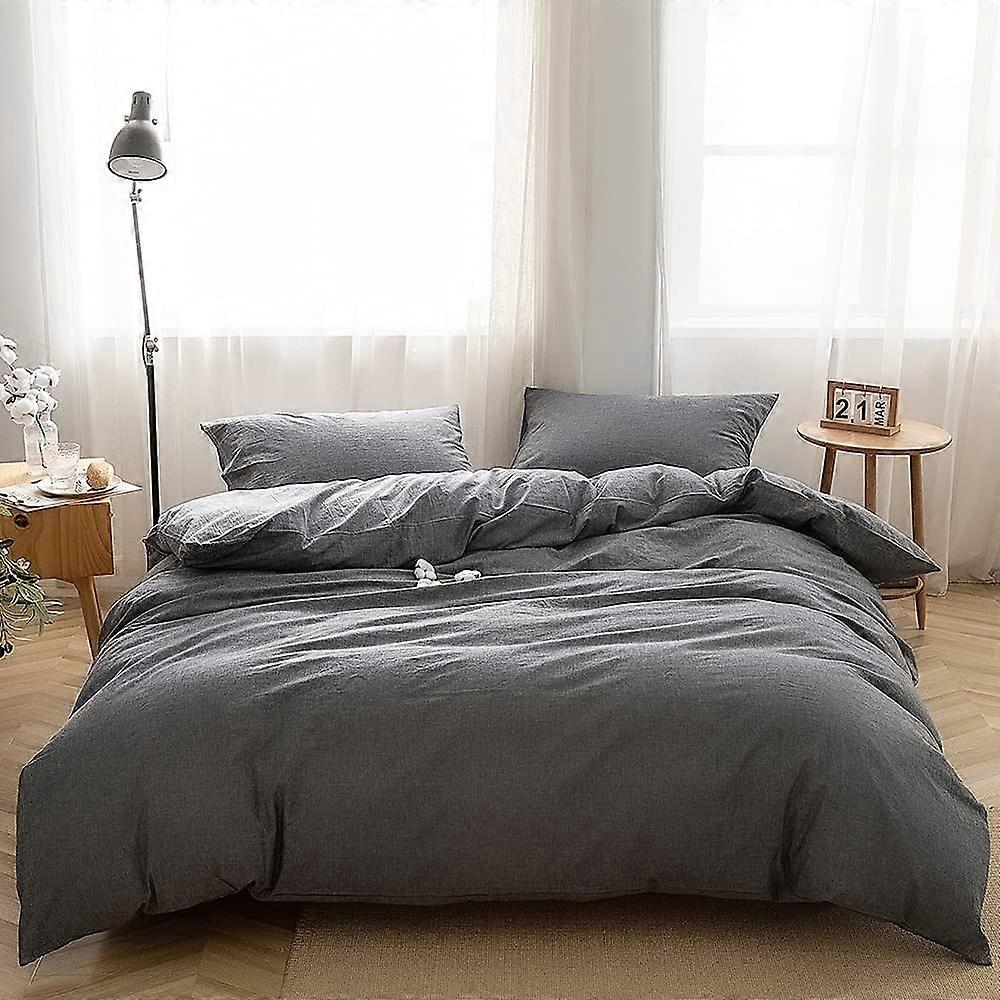 Bedding Duvet Cover Set California King Washed Cotton Gray Linen Like Soft Breathable Fabric