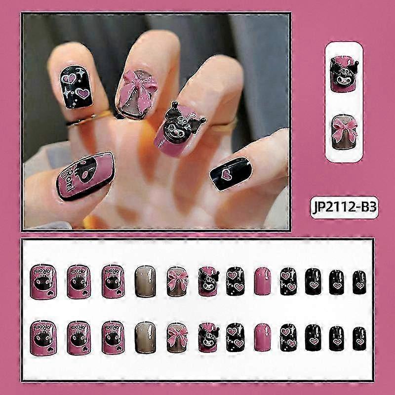 24pcs Cartoon Nail Patch in Dark Style, Glue Type, Removable and Short Length, Suitable for Various Styles