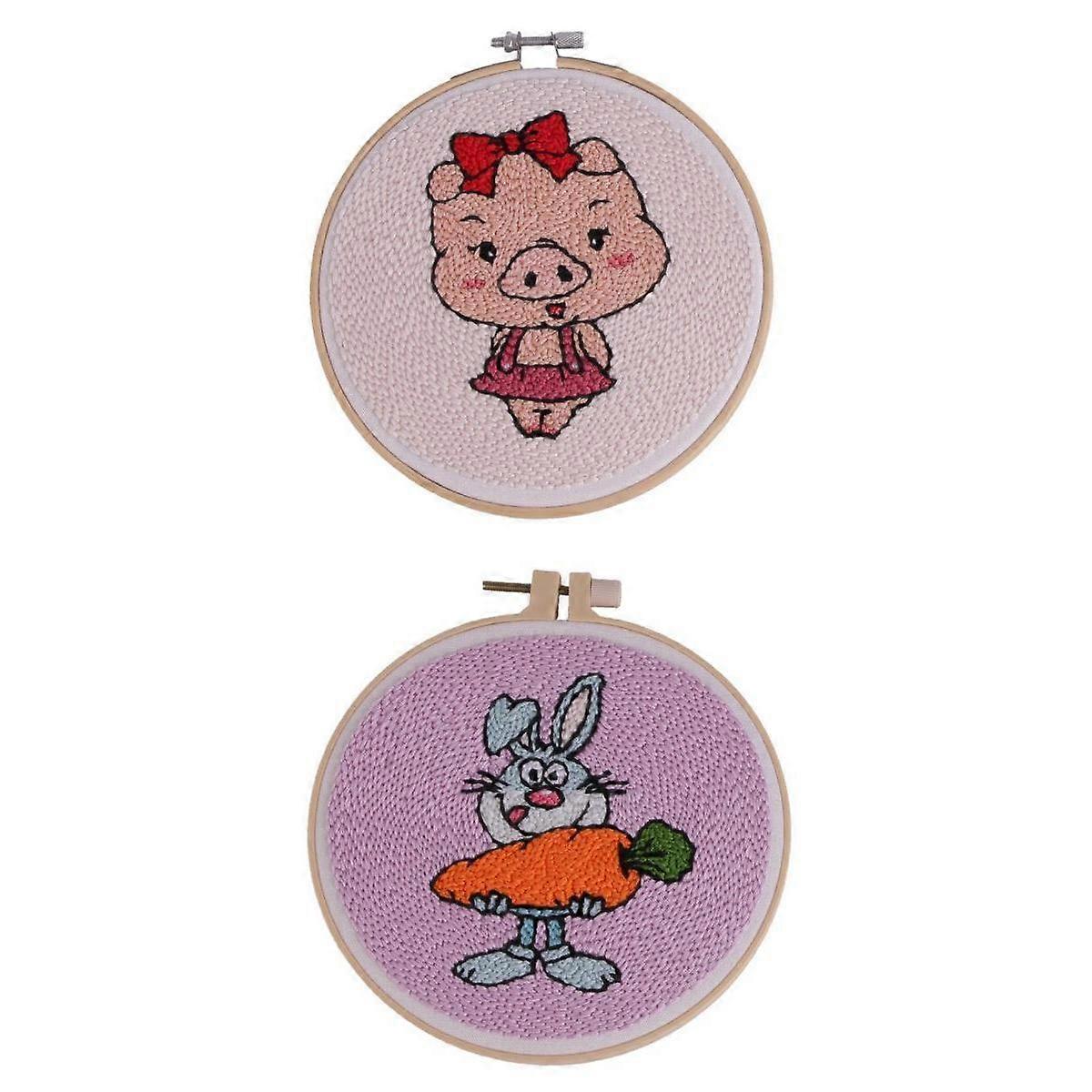 2Set Animal Pattern Embroidery Starter Kit Handcraft Punch Needle Tool