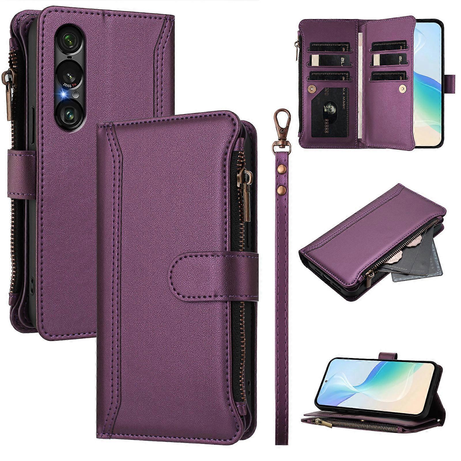 Compatible For Sony Xperia 1 VII Leather Case 9 Card Slots Zipper Wallet Stand Phone Cover with Wrist Strap