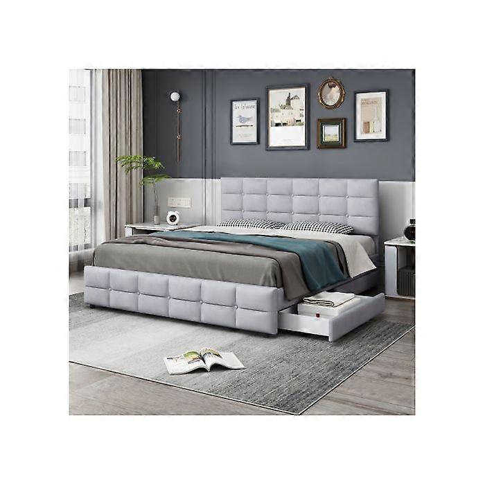 Gecapitoneerd bed 180 x 200 cm, tweepersoonsbed met 4 lades, lattenbodem en hoofdeinde, grijs (matras niet inbegrepen).