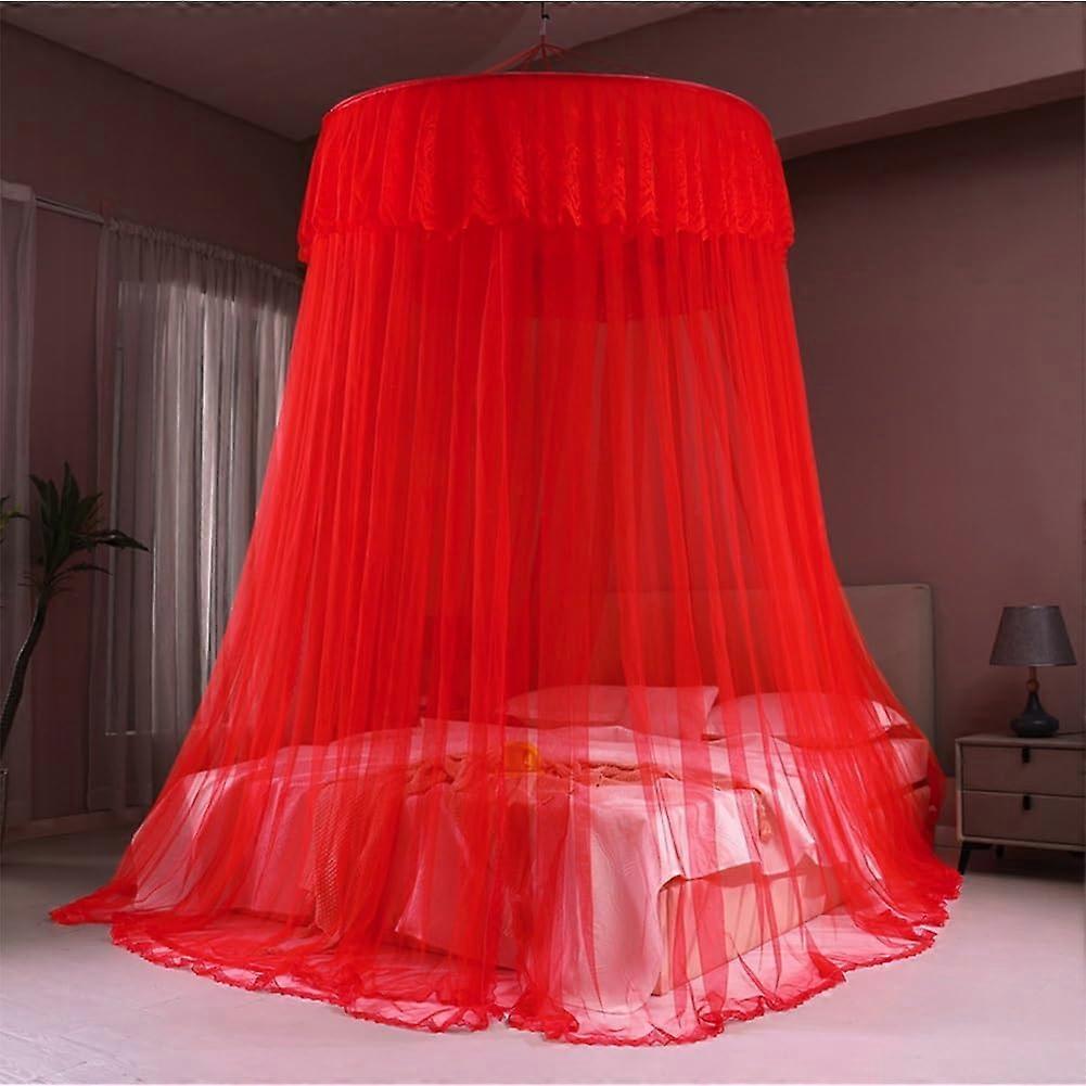 Mosquito Net For Double Bed, Large Round Hanging Canopy, Double-Layer Mesh, Red, Home Or Travel Use, Bedroom Decor