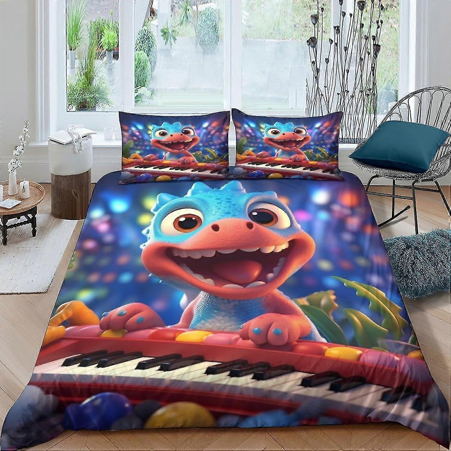 Conjunto de cama de dinossauro fofo Capa de edredão macia e respirável Conjunto de 3 peças com fecho de zíper