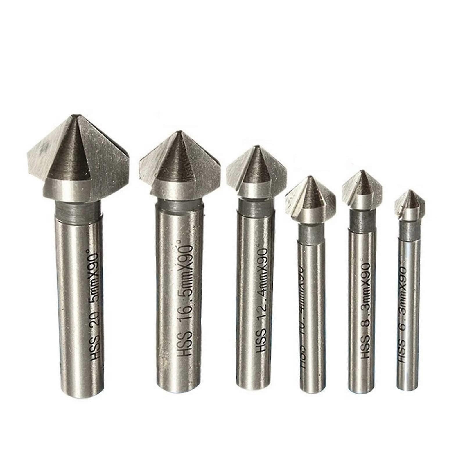 60-Degree HSS Countersink Drill Bit Set - 6-Piece 3-Flute Chamfer Cutter 3-20.5mm Round Shank Deburring Tool