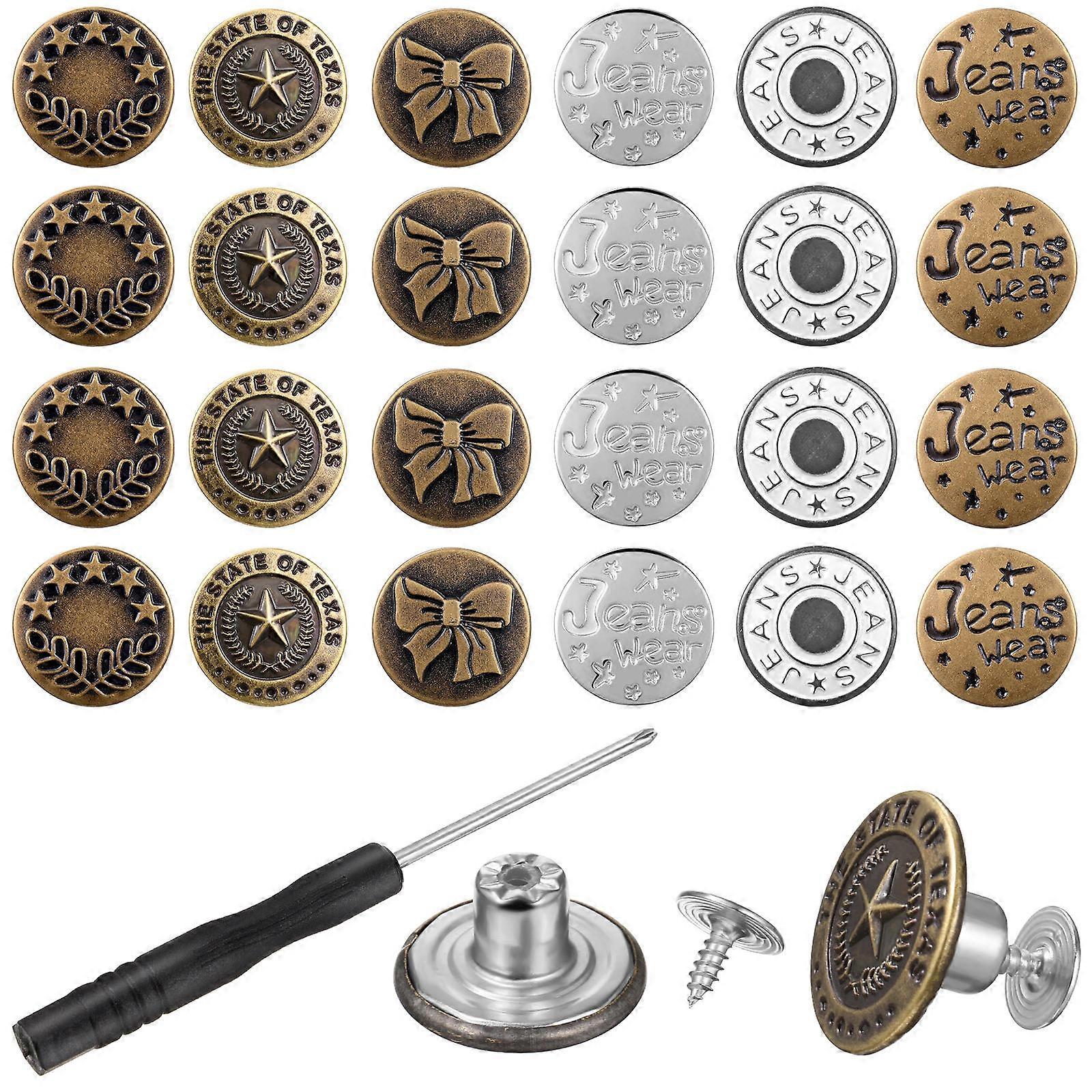 36pcs Removable Jeans Buttons Replacement with Screwdriver, Versatile Copper Button Pins for Easy Clothing Repair, No Sew Design for Jackets and Pants