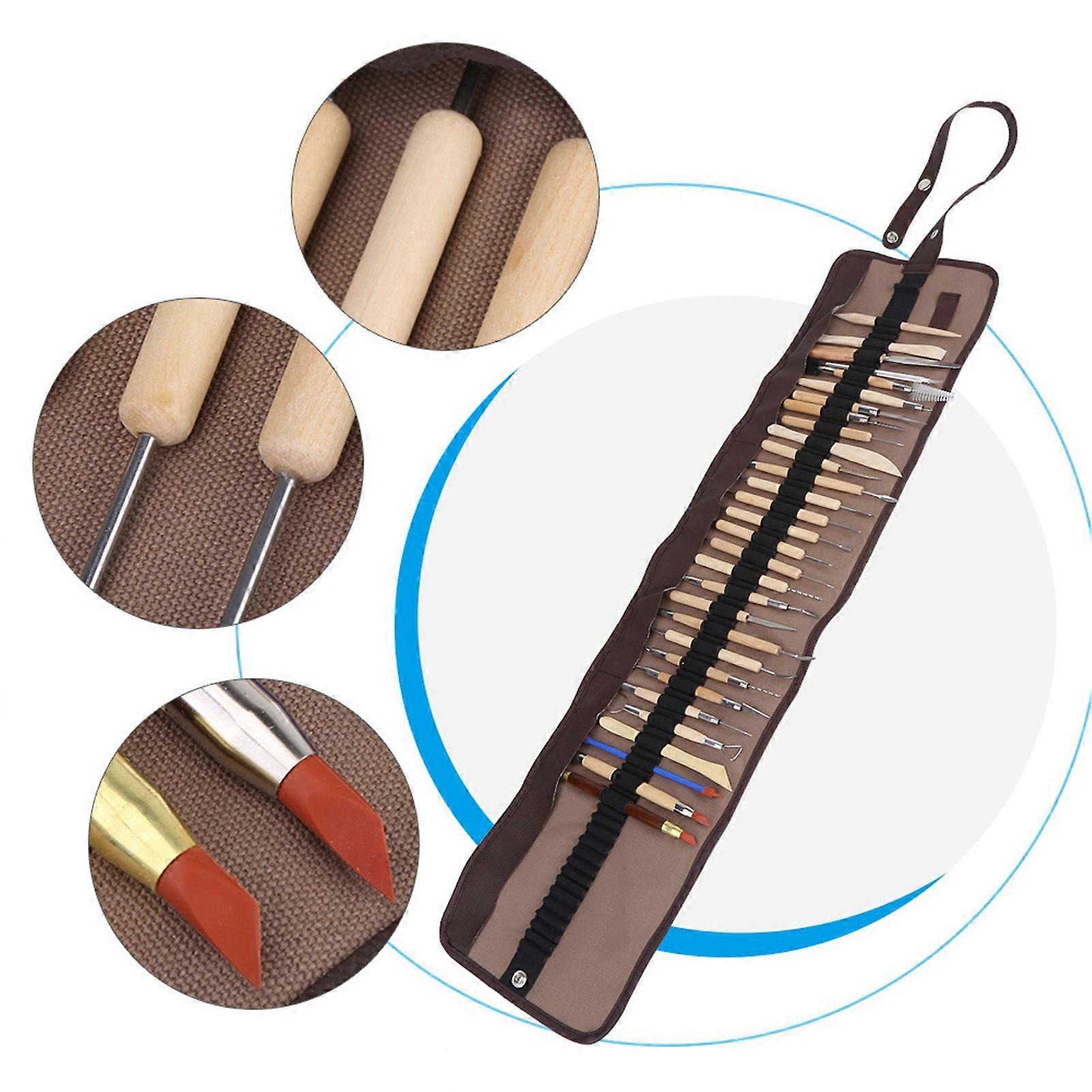 30Pcs Wooden Wax Clay Pottery Carving Modeling Sculpture DIY Craft Tool With Rolling Cloth Bag