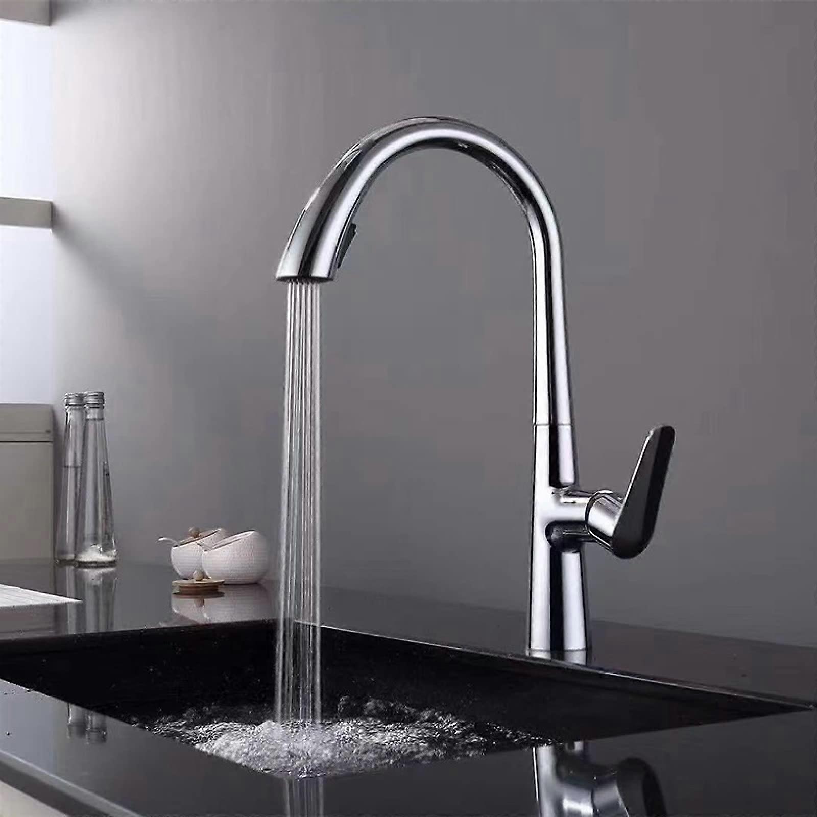 TAPS Pull-Out Kitchen Faucet With Spray Modes 360-Degree Swivel Spout Hot And Cold Water Mixer Black Chrome Model A