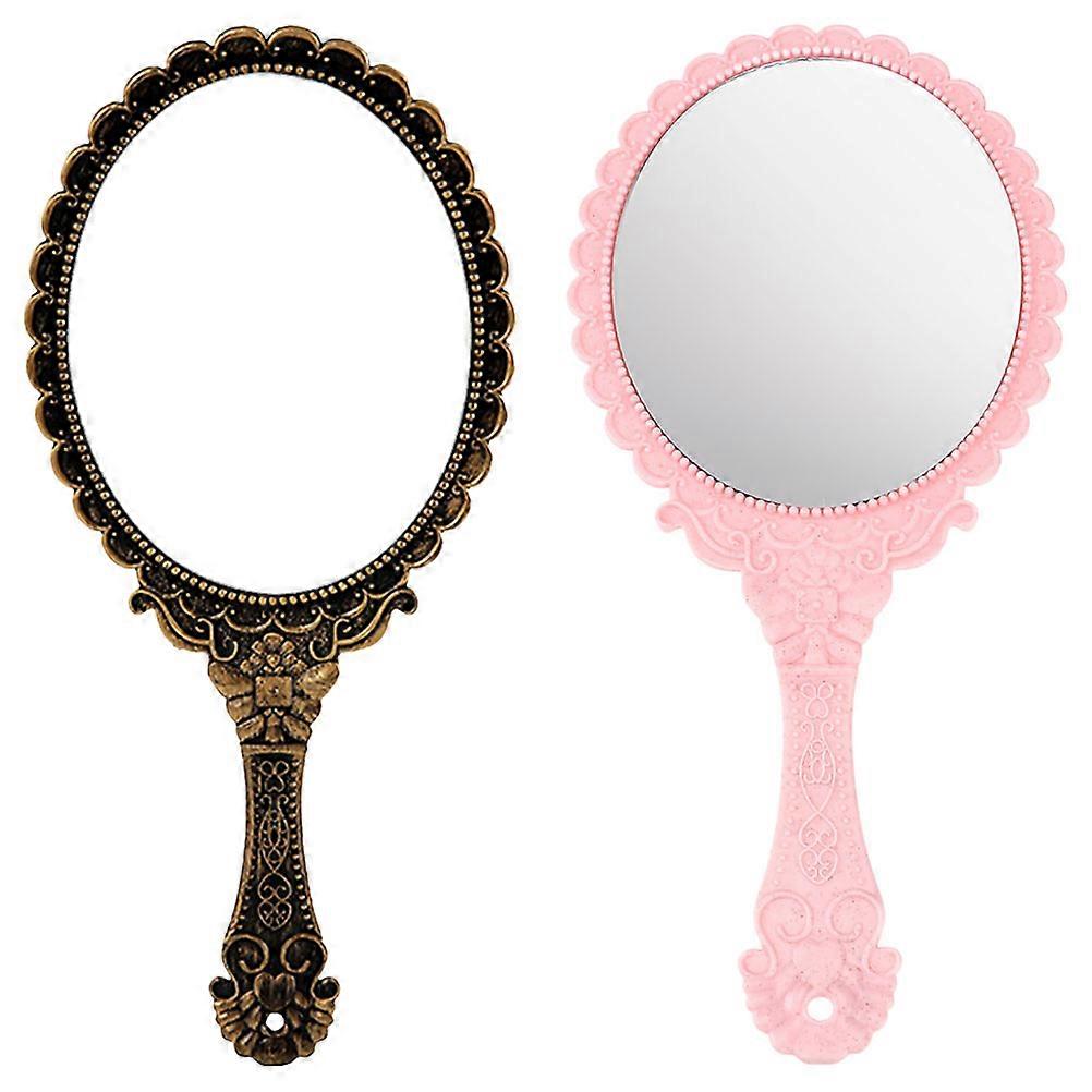 Retro Style Handheld Makeup Mirror Suitable For Women With Assorted Color Lightweight Design 2Pcs