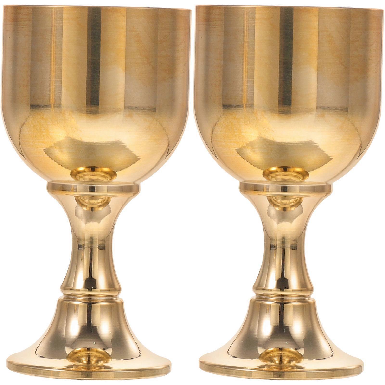 Vintage Brass Wine Goblets Set of 2   Multi Functional Chinese Liquor Cups with Stable Flat Bottom for Home Decoration